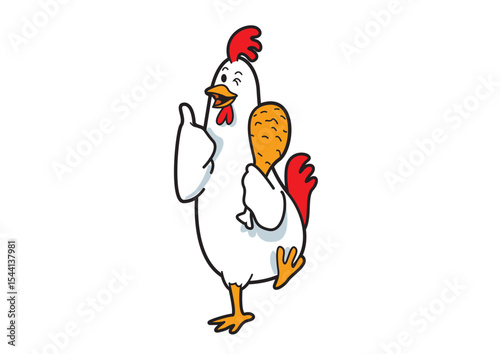 Illustration of a cheerful cartoon chicken character confidently holding a chicken drumstick, conveying a fun and inviting feel