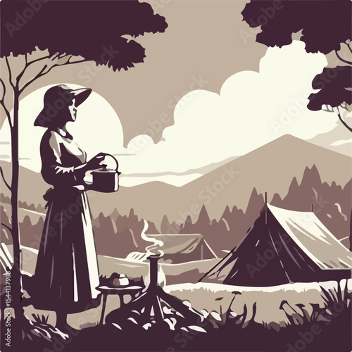 1945 image of a woman camping on a plantation using a simple and minimalist flat design using a white background