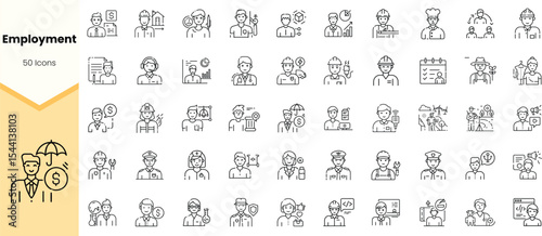 A diverse collection of icons representing various employment sectors, featuring characters engaged in different professions and activities in a minimalistic line art style.