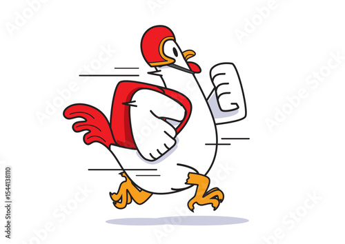 Illustration of a spirited cartoon chicken character wearing a delivery cap and bag, energetically running forward, symbolizing speed and service