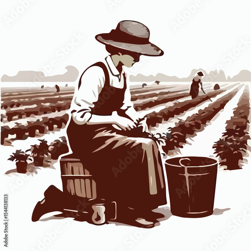 1945 image of a woman working on a plantation using a simple and minimalist flat design using a white background