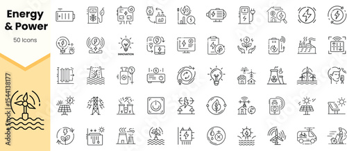 A collection of energy and power icons, featuring diverse themes like renewable energy, efficiency, and conservation, set against a clean, minimalist backdrop.