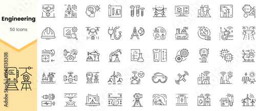 A collection of black and white engineering line icons, showcasing tools, machinery, and concepts related to engineering and technology.