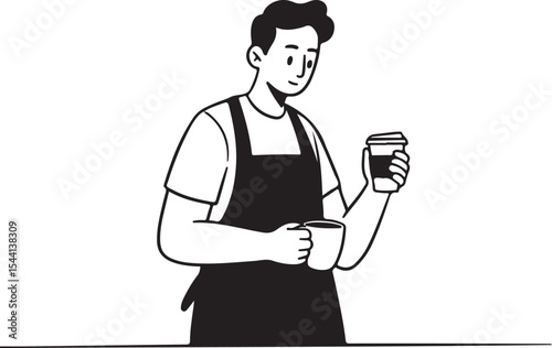 "Modern cartoon barista holding coffee cup, minimalist sketch, clean black and white lines, no background"

