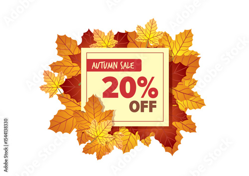 Autumn sale graphic featuring promotional 20 percent off text inside a stylish box surrounded by colorful falling leaves