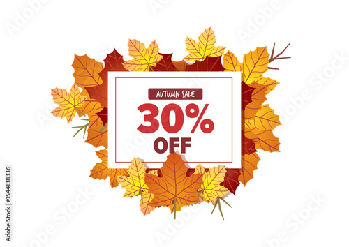 Autumn sale graphic featuring prominent 30 percent off text in a stylish box surrounded by colorful falling leaves for seasonal promotion