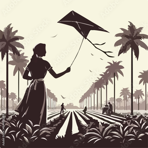 1945 image of a woman flying a kite on a plantation using a simple and minimalist flat design using a white background
