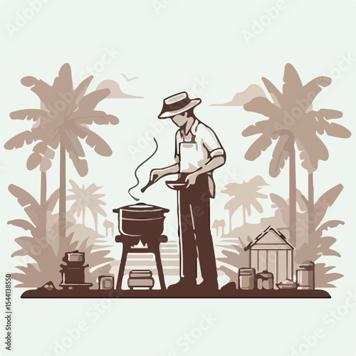 1945 image of a man cooking on a plantation using a simple and minimalist flat design using a white background