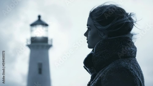 Contemplative woman by lighthouse, monochrome, cinematic
