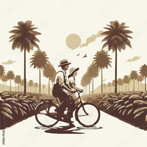 1945 image of a man and woman riding a bicycle  on a plantation using a simple and minimalist flat design using a white background