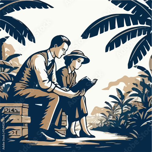 1945 image of a man and woman reading a book on a plantation using a simple and minimalist flat design using a white background