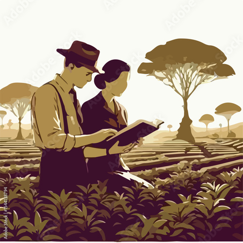 1945 image of a man and woman reading a book on a plantation using a simple and minimalist flat design using a white background