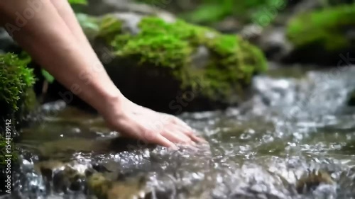 Hands Gently Touching Flowing Water in a Mountain Stream