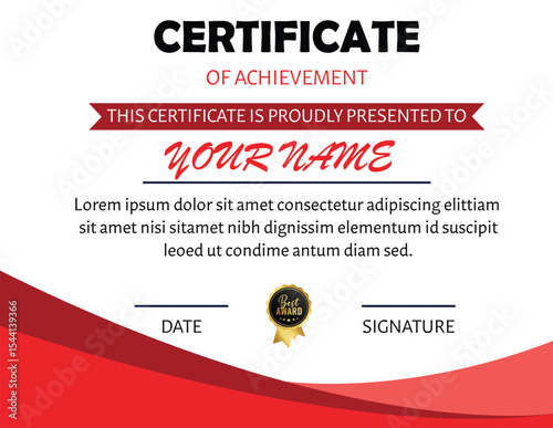 A certificate of achievement with red accents and placeholder text for a name