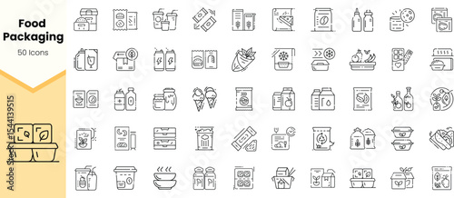 A collection of food packaging icons in a minimalist line art style, showcasing various food items like snacks, beverages, and groceries.