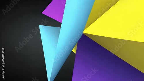 Abstract geometric shapes in blue, purple, and yellow on a dark background.