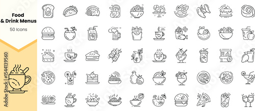 A diverse collection of hand-drawn food and drink icons, featuring burgers, tacos, salads, desserts, and beverages, ideal for menu design and culinary projects.