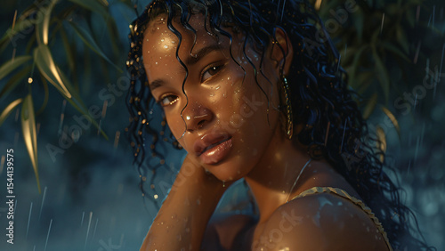 Woman with wet hair posing in rain with emotional expression