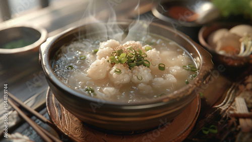 Steaming bowl of dumplings in broth with herbs and chopsticks