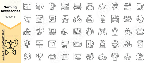 A diverse collection of gaming accessories icons, featuring controllers, headsets, and more, designed in a minimalist black-and-white style.