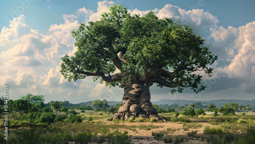 Lone tree standing on dry field with blue sky and clouds