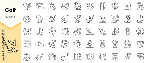 A collection of minimalist icons representing various aspects of golf, including players, equipment, and events, perfect for sports-themed graphics.