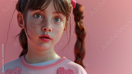 Little girl with pigtails and pink shirt in studio portrait