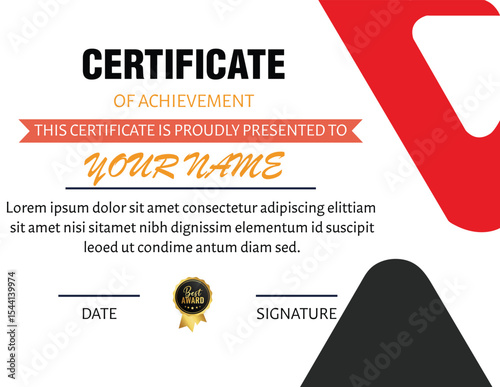 Certificate of achievement template with red and black design elements visible