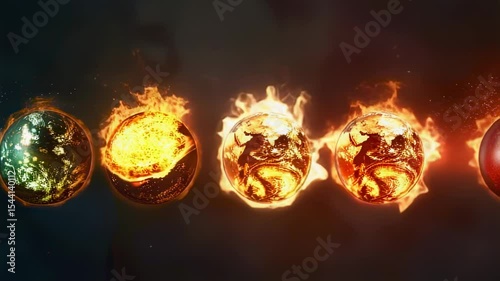 Fiery Earth Globes A dynamic visual of elemental planets with fire and ice effects against a dark background, creating a dramatic and stylized atmosphere.