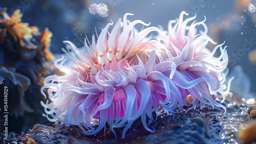 Colorful sea anemone underwater with flowing tentacles in coral reef