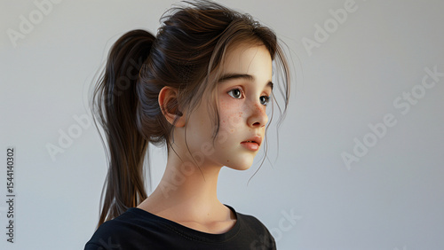 Young girl in profile with ponytail and neutral background
