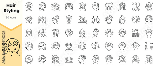 Collection of hair styling icons featuring various styles, including curly, braided, and loose hair designs, suitable for beauty and fashion applications.