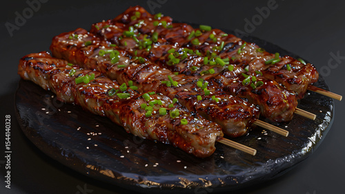 Grilled skewered meat with seasoning on black plate in food closeup