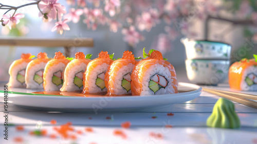 Sushi rolls on white plate with chopsticks and pink floral decor