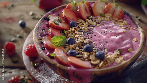 Colorful smoothie bowl with fruits and granola on rustic table