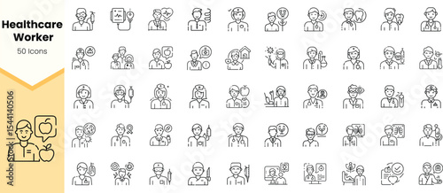 Set of healthcare worker icons featuring diverse medical themes, including doctors, nurses, and health symbols, showcasing professionalism and care in health services.
