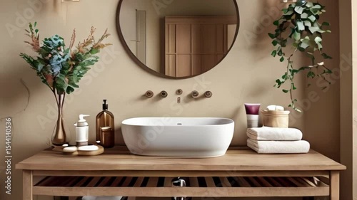 Table with sink, box and bath supplies near beige wall in bathroom created with generative ai
