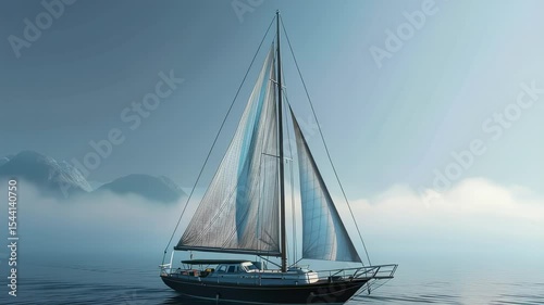 Sailboat on calm water with misty mountains in the background, serene nautical scene
