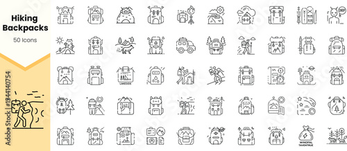 A collection of line icons representing hiking backpacks, outdoor activities, and nature scenes, perfect for travel enthusiasts and adventure designs.