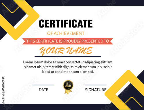 A certificate of achievement with yellow and black geometric decorations