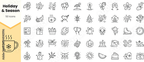 A collection of holiday and seasonal icons in a minimalist line art style, including festive elements like trees, snowmen, and flowers.