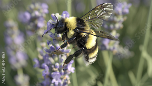 Bee collecting nectar on lavender flowers in sunny closeup