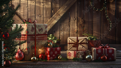 Christmas gifts and decorations around fireplace with warm lighting