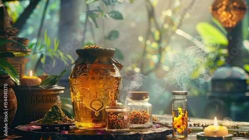 Still life of herbal remedies with candles and smoke in a lush, mystical setting
