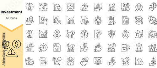 A collection of investment-themed line icons. The icons include charts, coins, plants, and financial symbols, conveying growth and opportunity in finance.