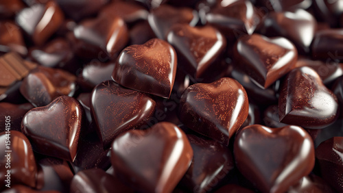 Heart shaped chocolates arranged in pattern with shiny texture