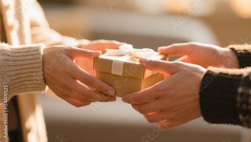 Warm-toned close-up of hands exchanging a beautifully wrapped gift, featuring a crisp white ribbon and a textured sweater sleeve, symbolizing appreciation and celebration