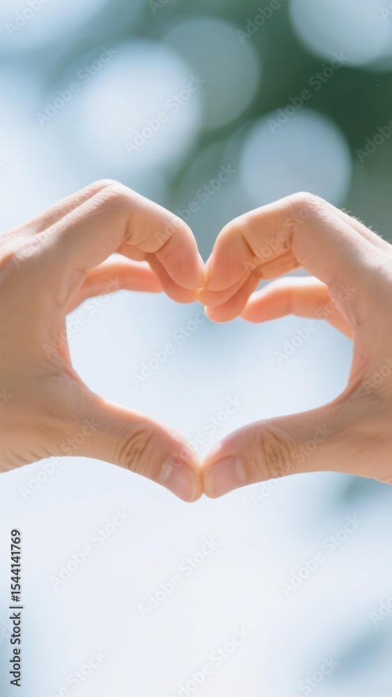 Fototapeta premium Woman's hands making a heart shape against a blurred background of trees and sky, symbolizing love, care, and connection with nature, offering a sense of hope and positivity .
