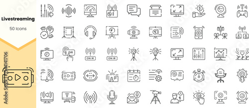 A collection of outline icons representing various aspects of livestreaming, including cameras, microphones, charts, and interaction tools in a modern design.