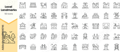 A collection of minimalistic line icons representing local landmarks, showcasing various architectural features, landscapes, and cultural symbols in a stylish monochrome design.